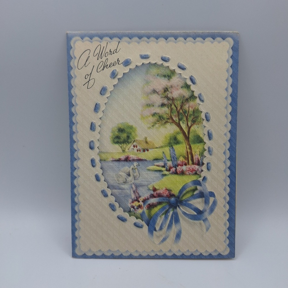 Vintage Greeting Card A Word of Cheer Swan Lake Scene Blue Ribbon